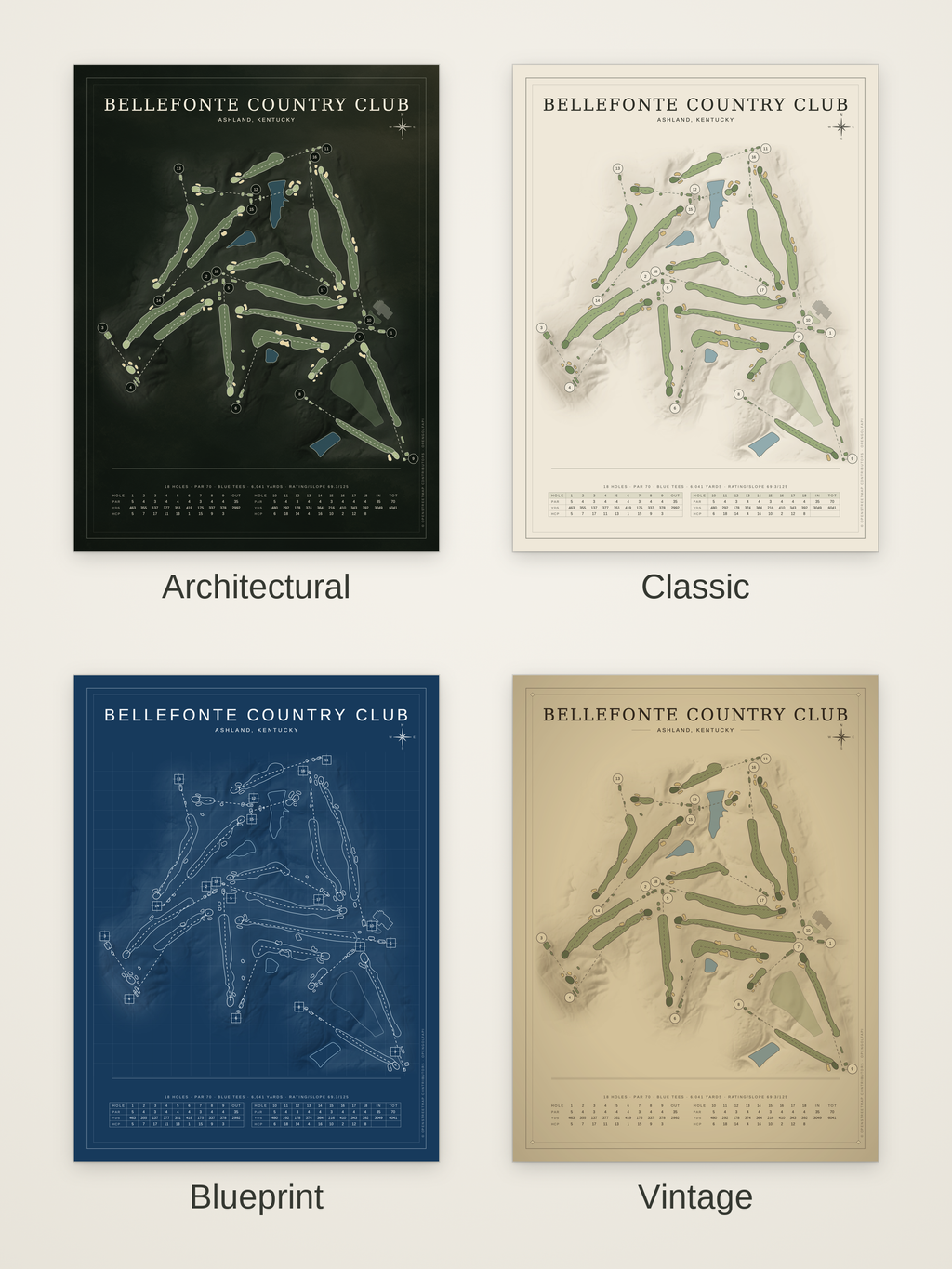Bellefonte Country Club course map poster in four styles: Architectural, Classic, Blueprint and Vintage