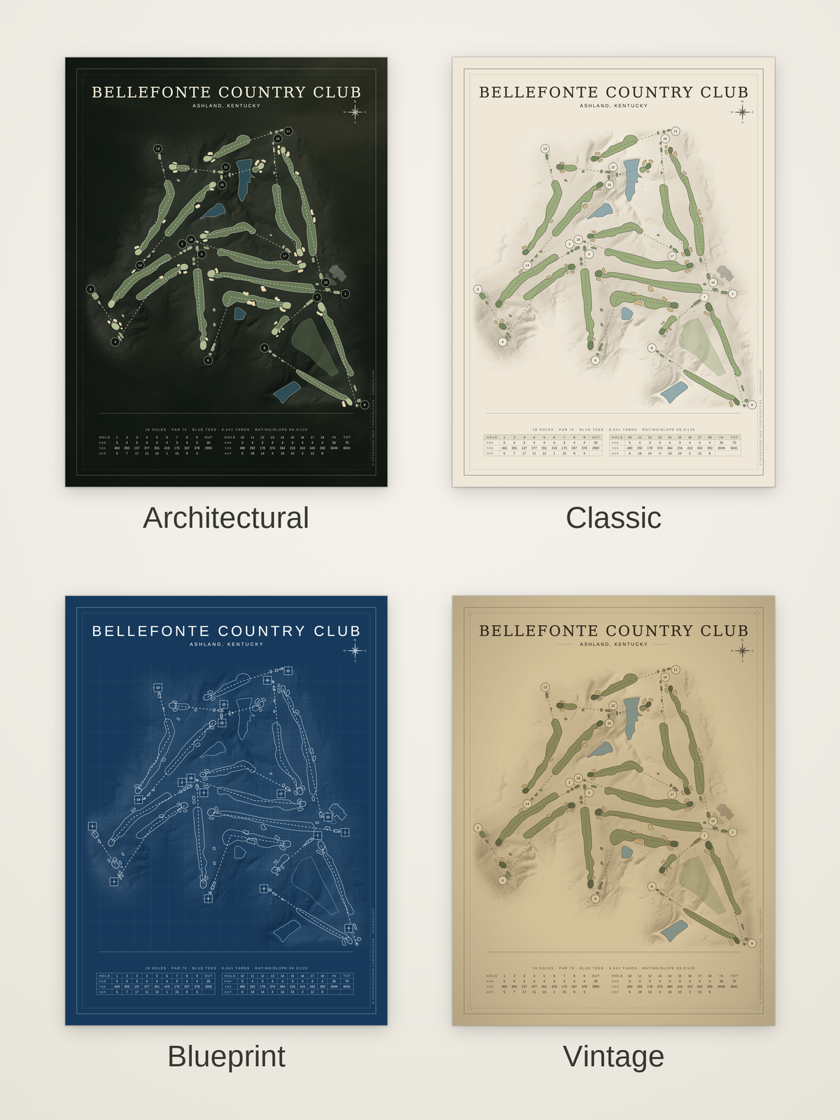 Bellefonte Country Club course map poster in four styles: Architectural, Classic, Blueprint and Vintage
