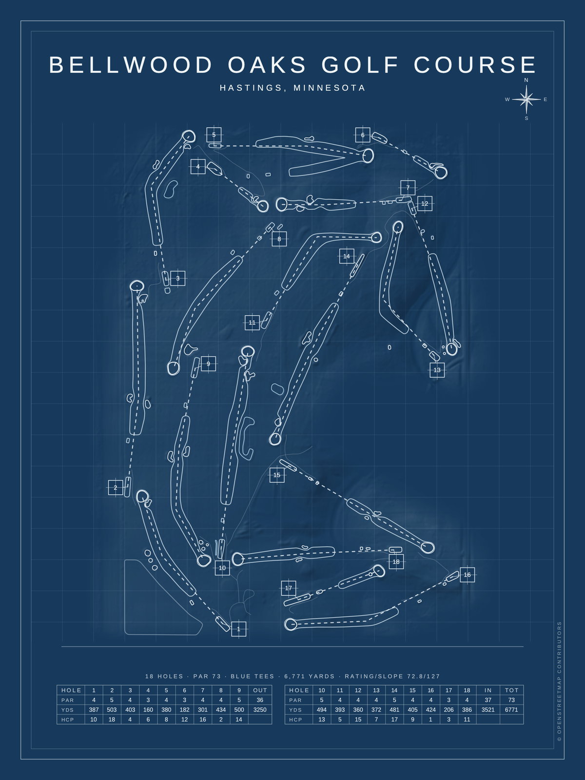 Bellwood Oaks Golf Course map poster, Blueprint style, 12×16 / 18×24
