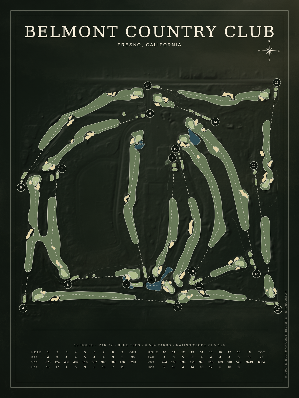 Belmont Country Club course map poster, Architectural style, 12×16 / 18×24