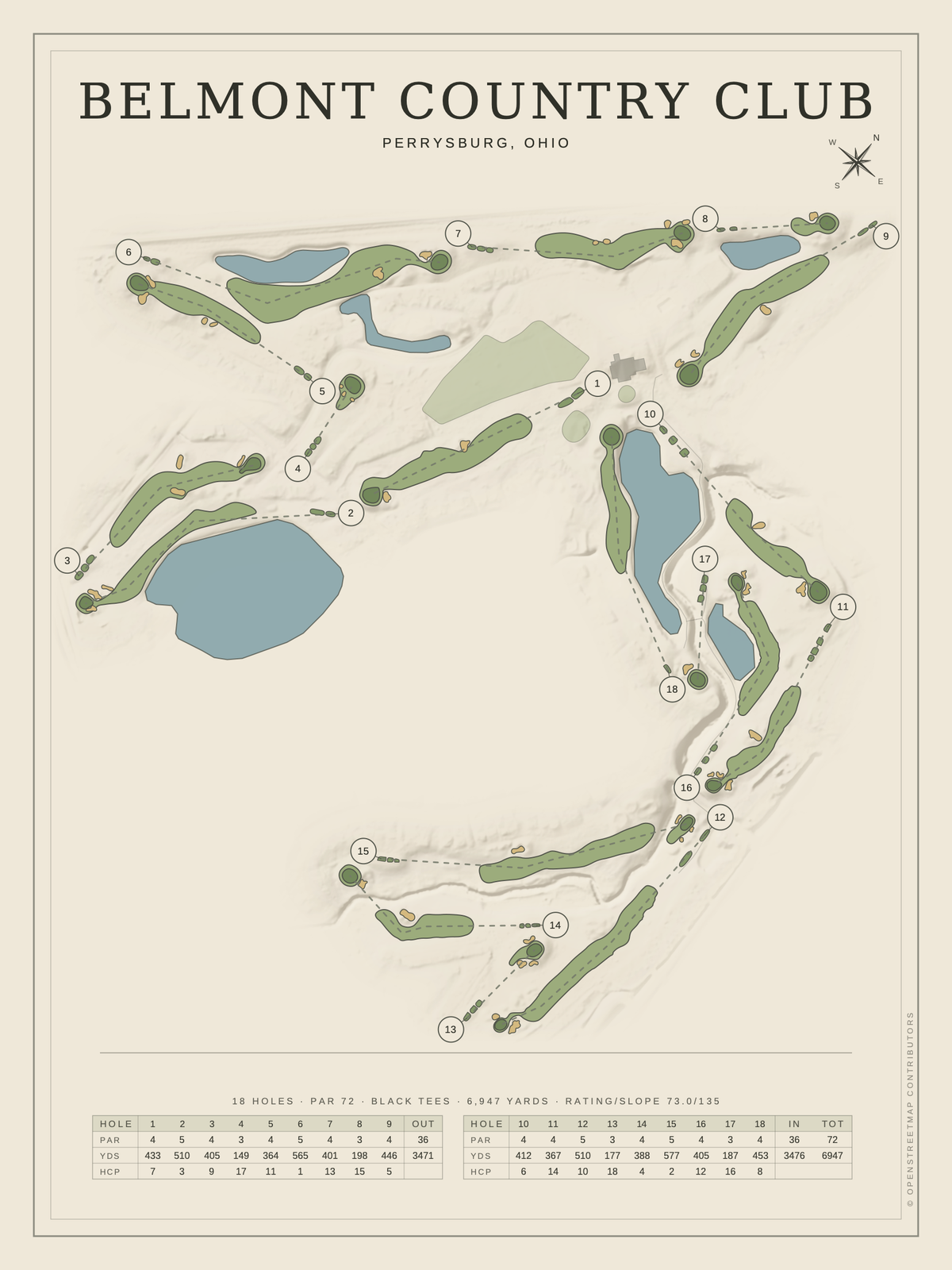 Belmont Country Club (Perrysburg) course map poster, Classic style, 12×16 / 18×24