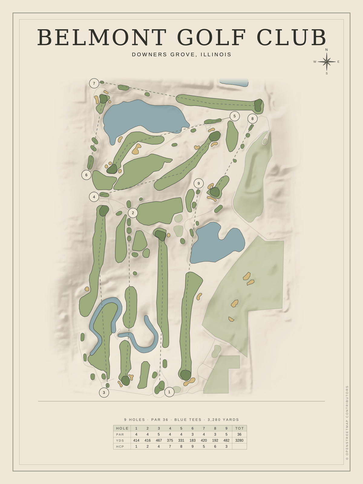 Belmont Golf Club course map poster, Classic style, 12×16 / 18×24