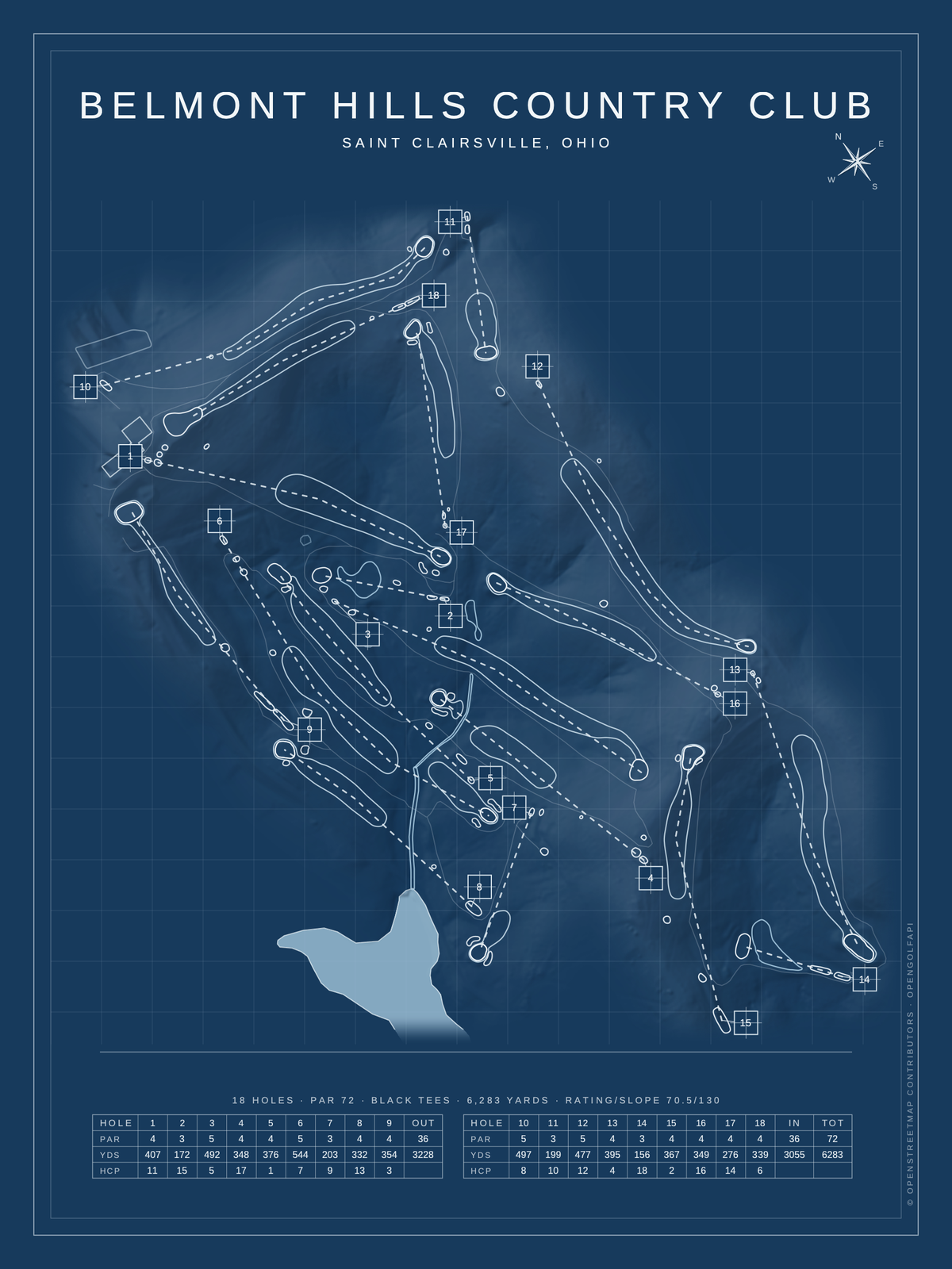 Belmont Hills Country Club course map poster, Blueprint style, 12×16 / 18×24