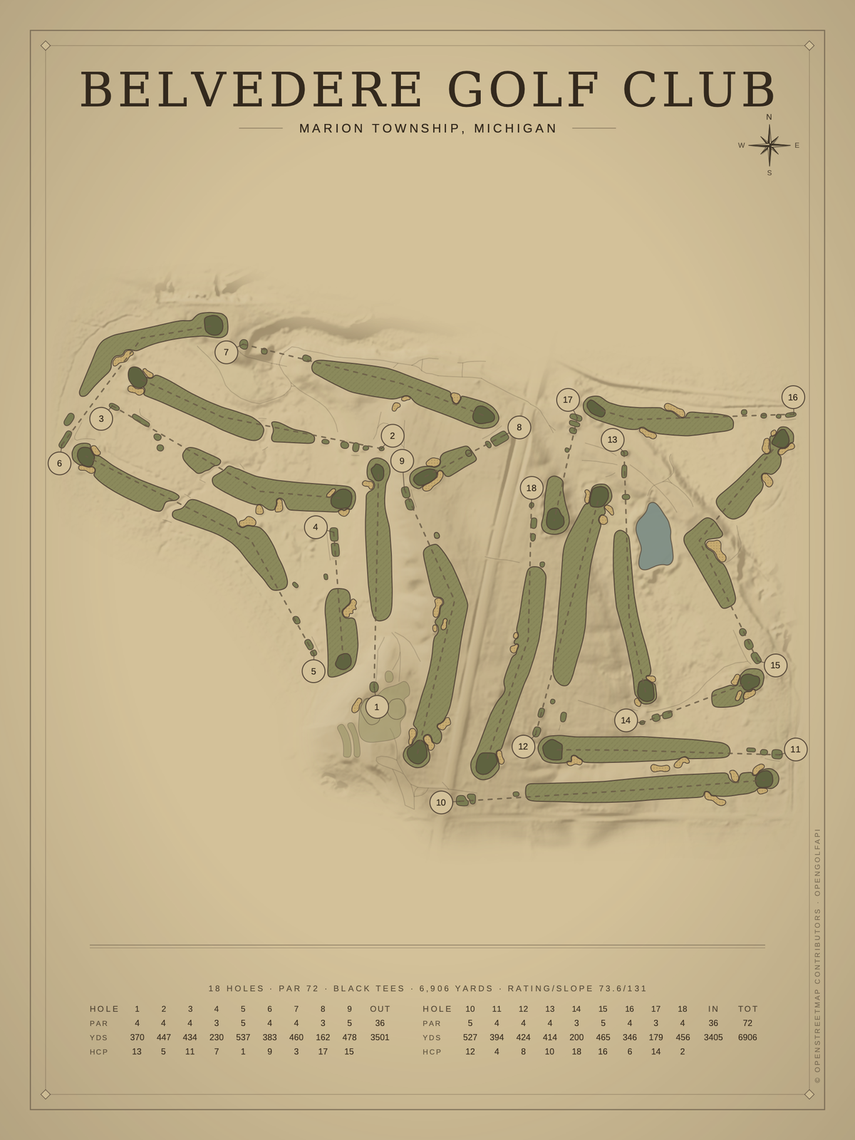 Belvedere Golf Club course map poster, Vintage style, 12×16 / 18×24