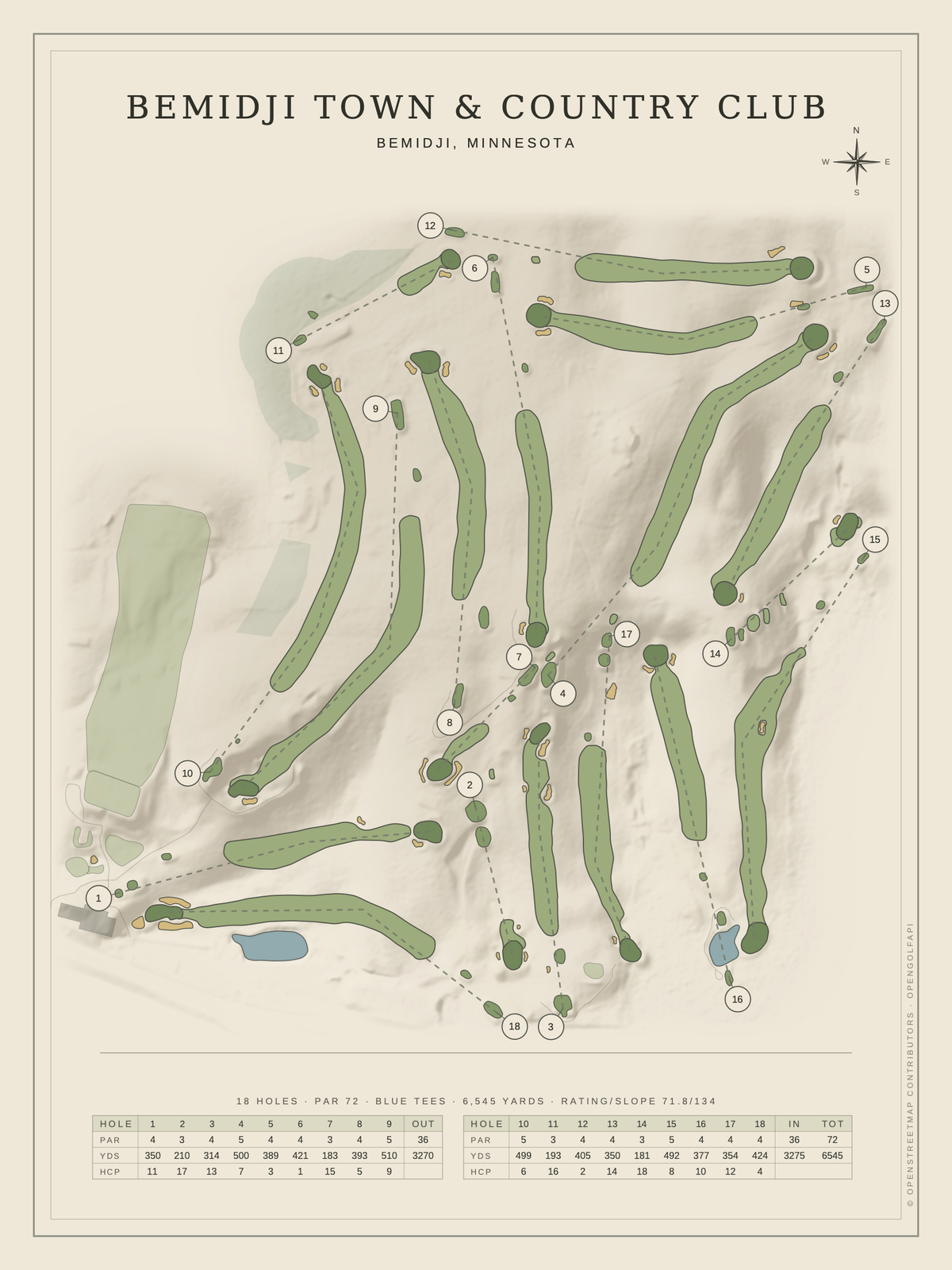 Bemidji Town & Country Club course map poster, Classic style, 12×16 / 18×24