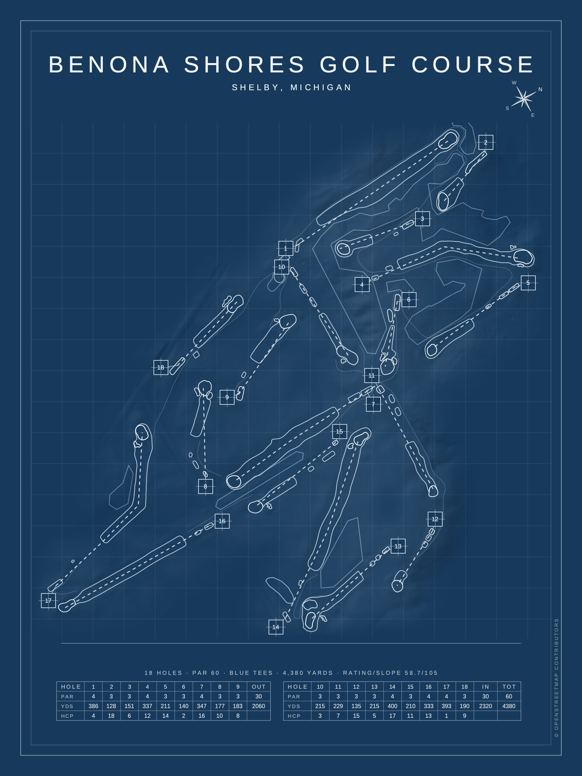 Benona Shores Golf Course map poster, Blueprint style, 12×16 / 18×24