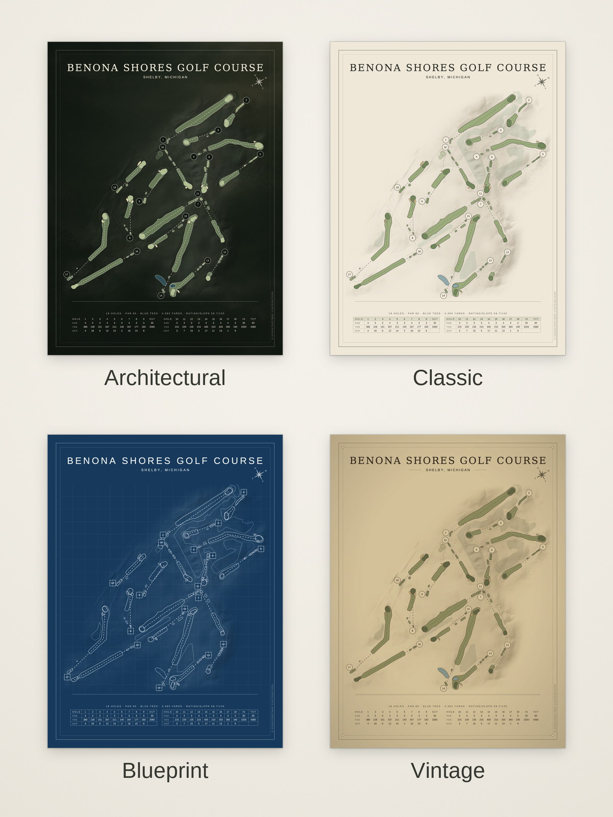 Benona Shores Golf Course map poster in four styles: Architectural, Classic, Blueprint and Vintage