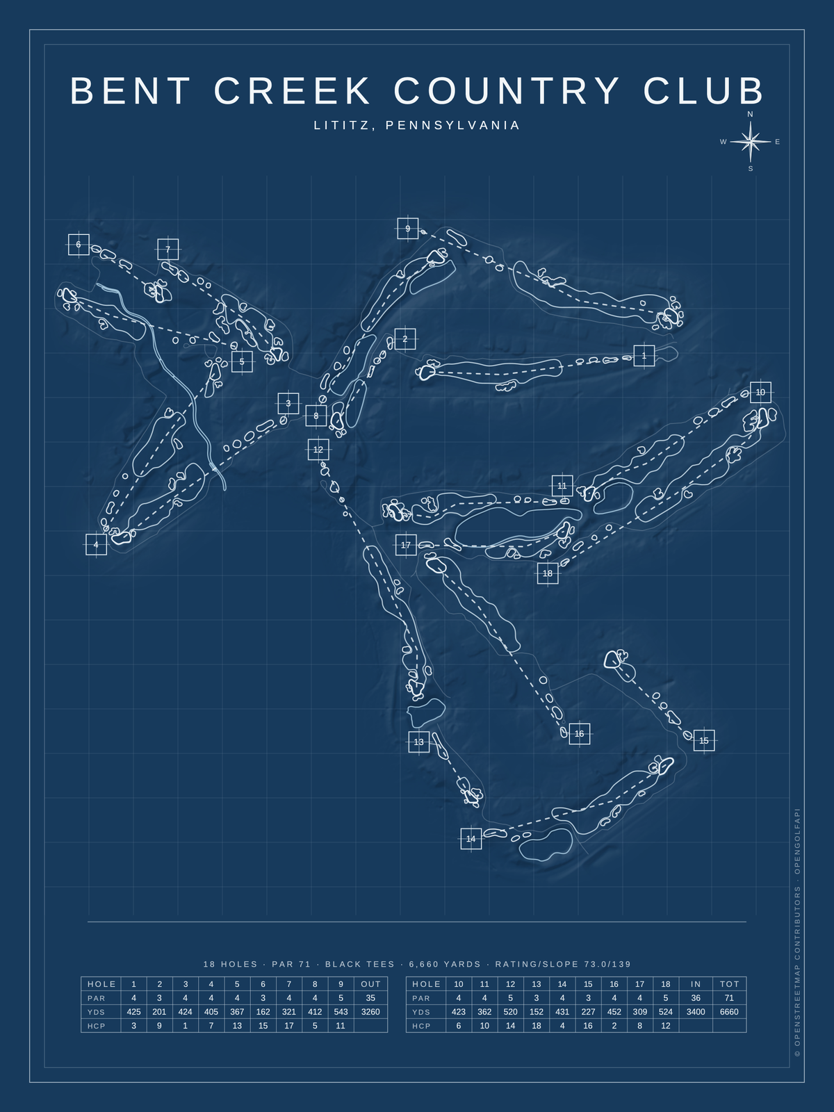 Bent Creek Country Club course map poster, Blueprint style, 12×16 / 18×24