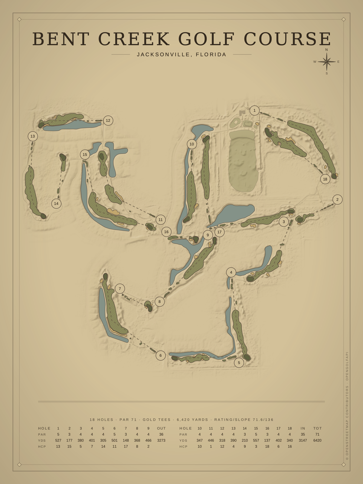 Bent Creek Golf Course map poster, Vintage style, 12×16 / 18×24