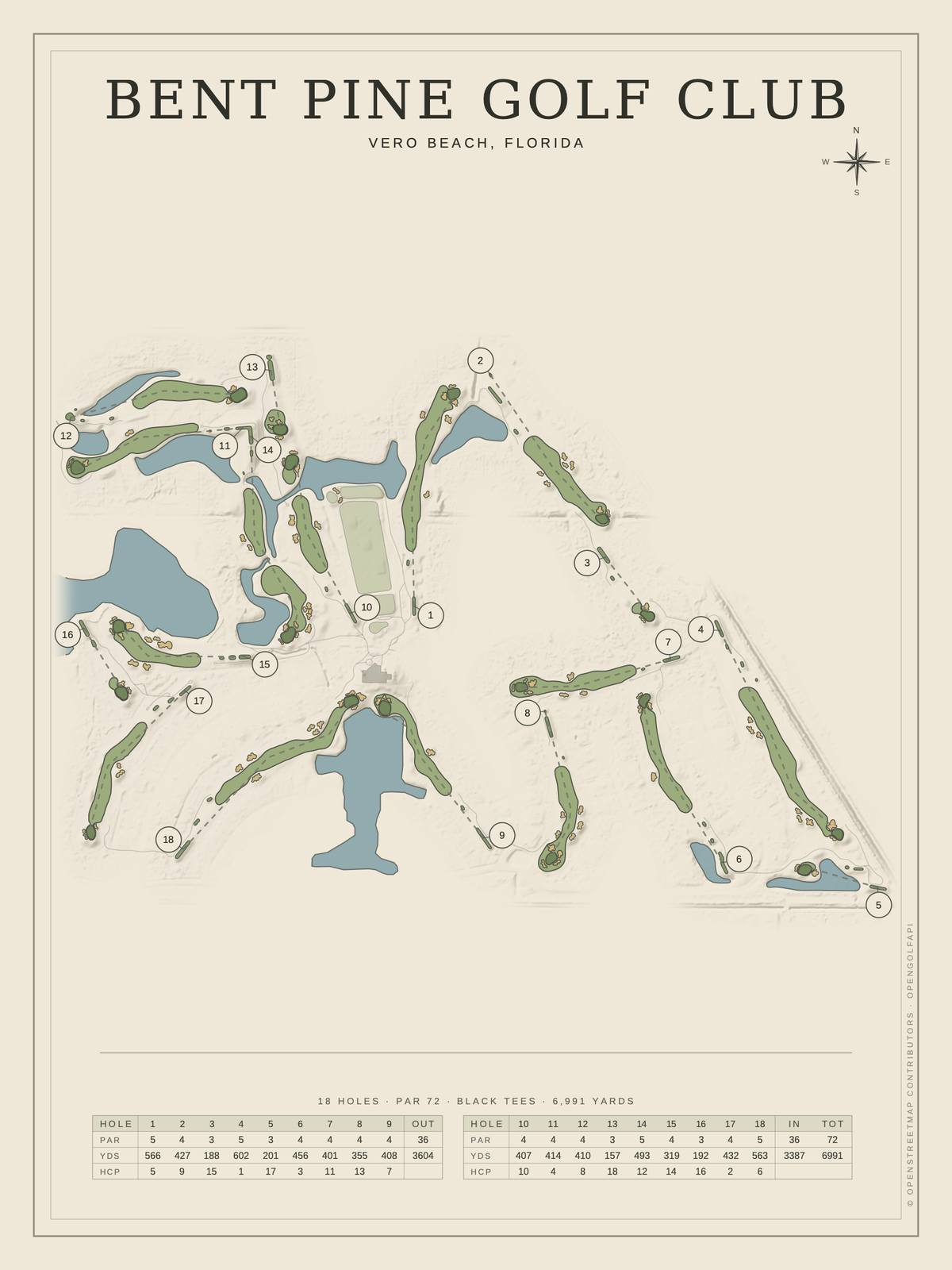 Bent Pine Golf Club course map poster, Classic style, 12×16 / 18×24