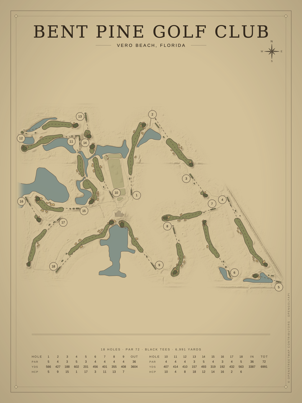 Bent Pine Golf Club course map poster, Vintage style, 12×16 / 18×24