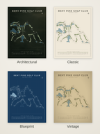 Bent Pine Golf Club course map poster in four styles: Architectural, Classic, Blueprint and Vintage
