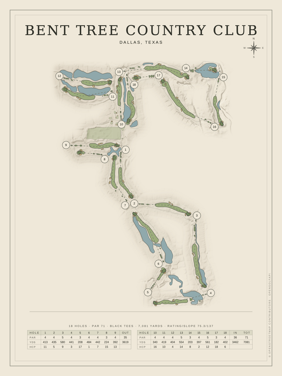 Bent Tree Country Club course map poster, Classic style, 12×16 / 18×24