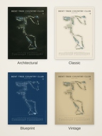 Bent Tree Country Club course map poster in four styles: Architectural, Classic, Blueprint and Vintage