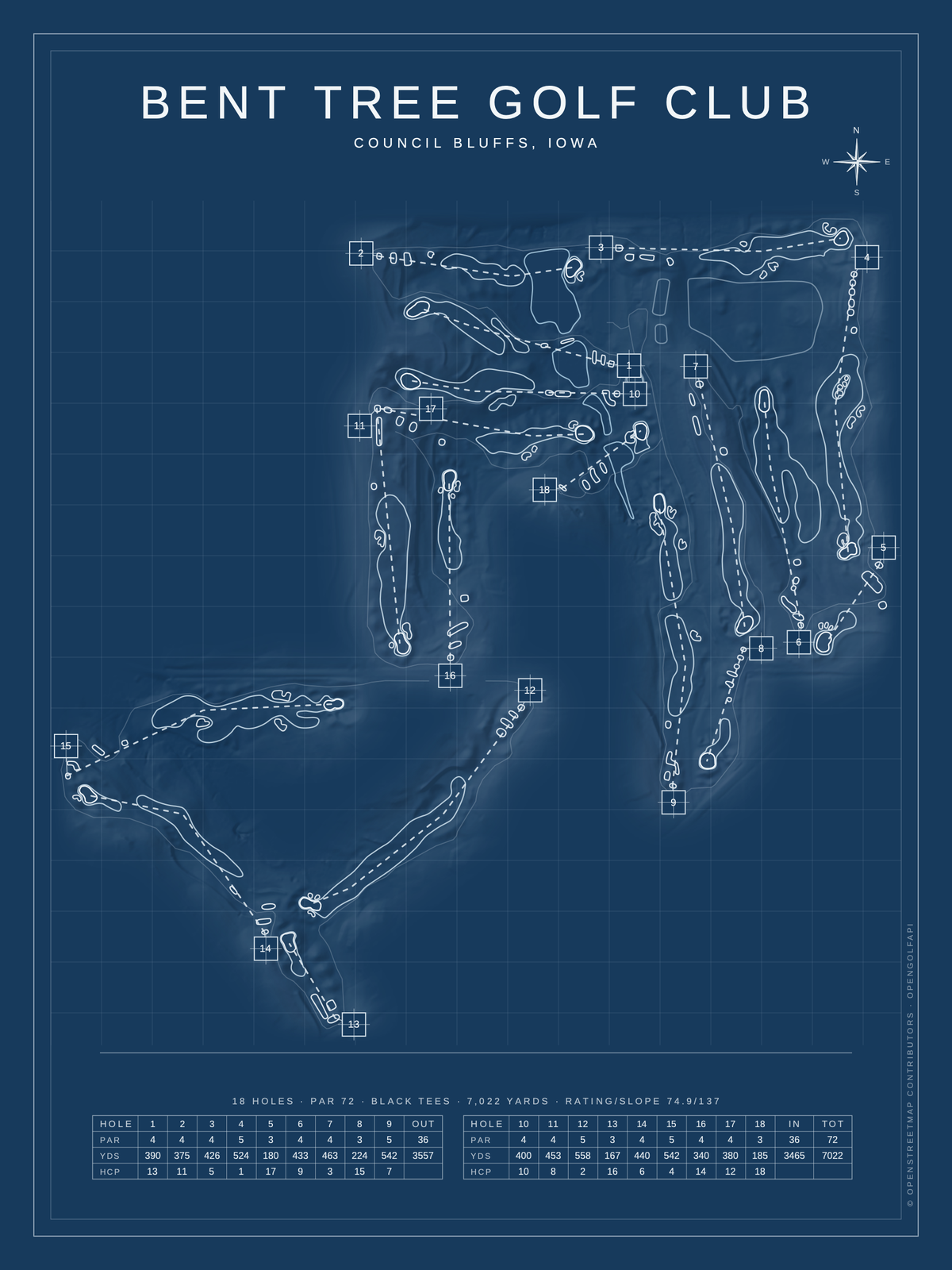 Bent Tree Golf Club course map poster, Blueprint style, 12×16 / 18×24