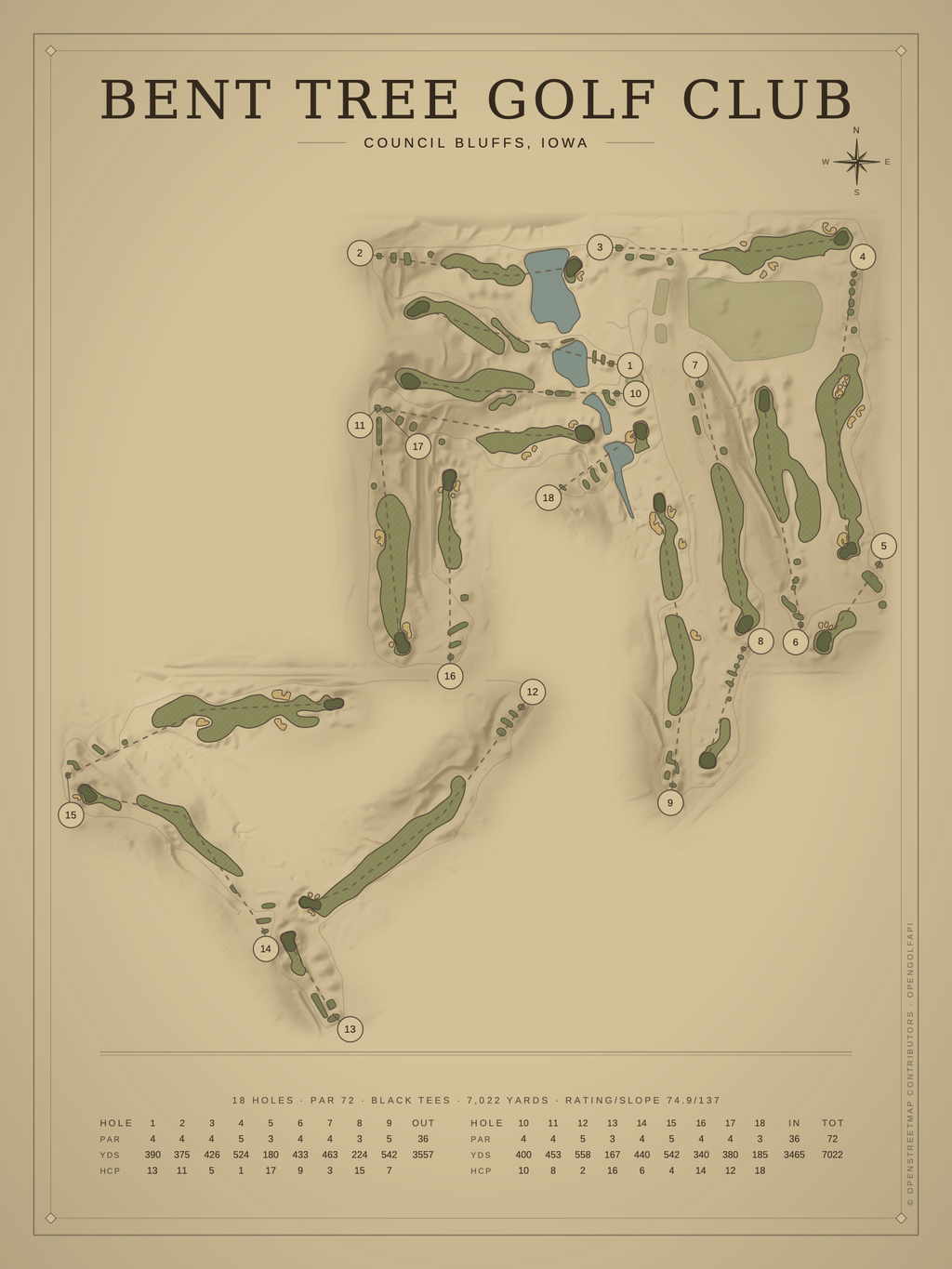 Bent Tree Golf Club course map poster, Vintage style, 12×16 / 18×24