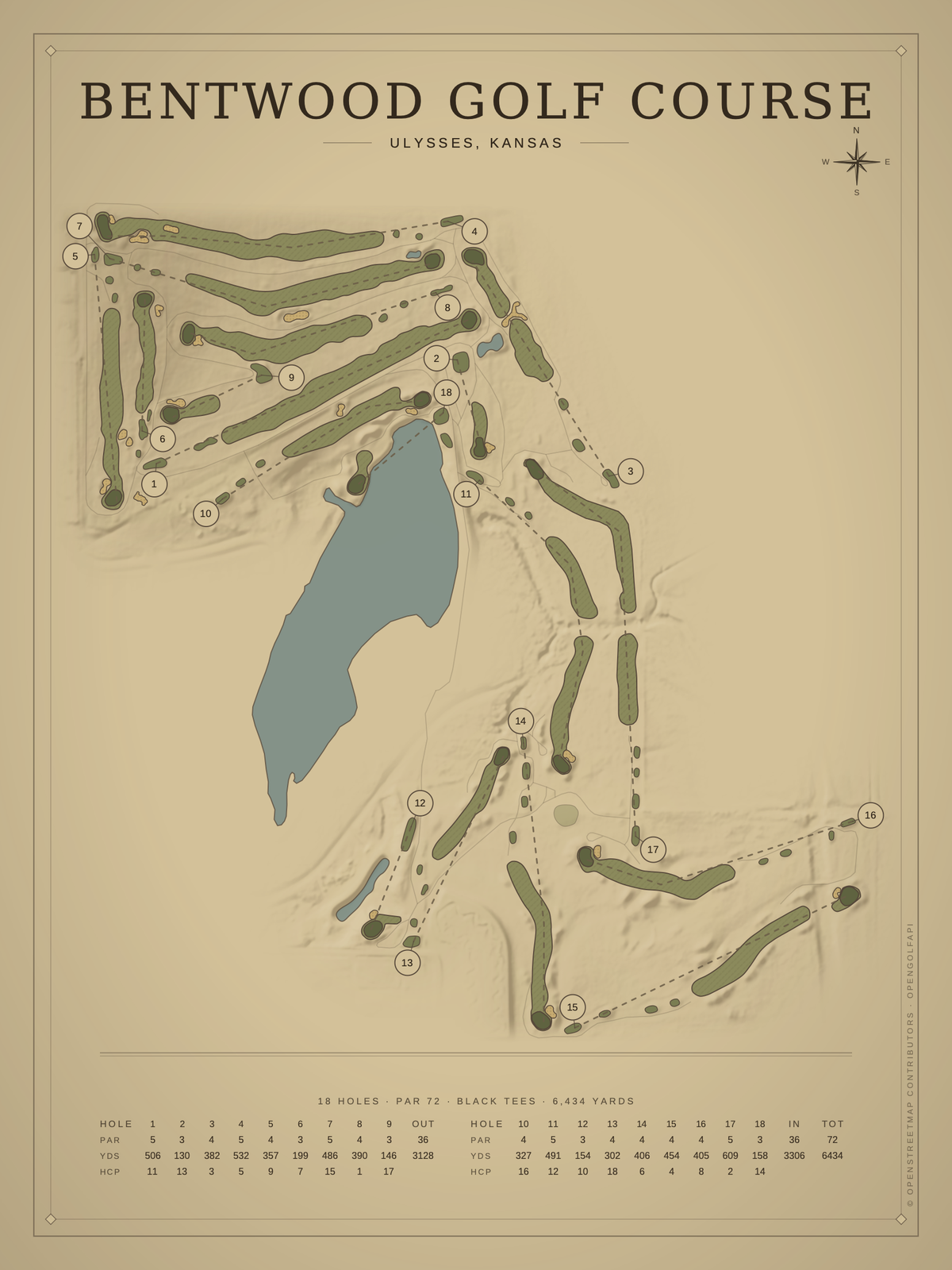 Bentwood Golf Course map poster, Vintage style, 12×16 / 18×24