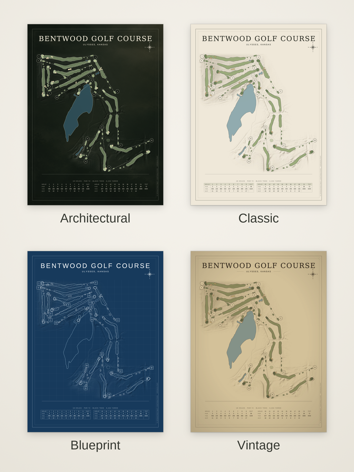 Bentwood Golf Course map poster in four styles: Architectural, Classic, Blueprint and Vintage