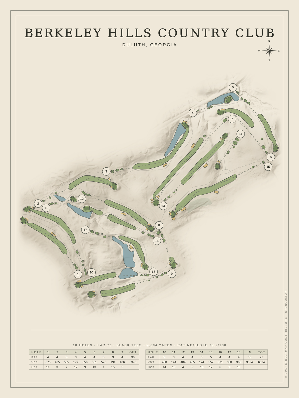 Berkeley Hills Country Club course map poster, Classic style, 12×16 / 18×24