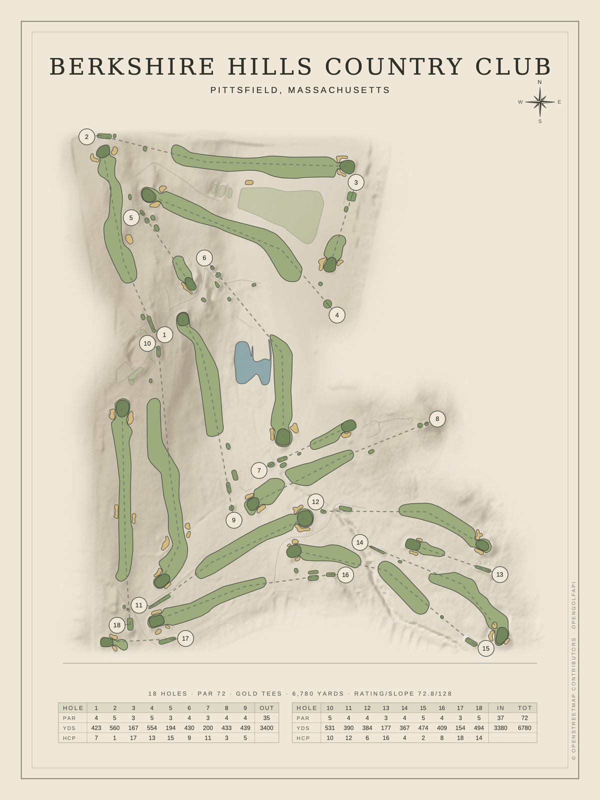Berkshire Hills Country Club course map poster, Classic style, 12×16 / 18×24