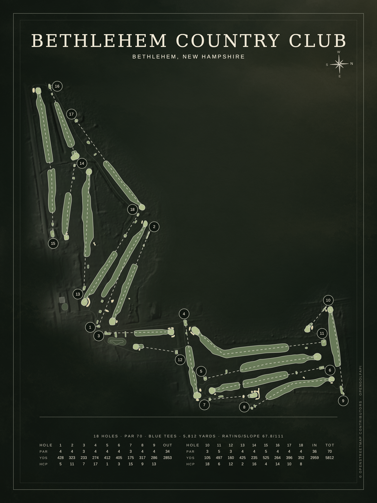 Bethlehem Country Club course map poster, Architectural style, 12×16 / 18×24