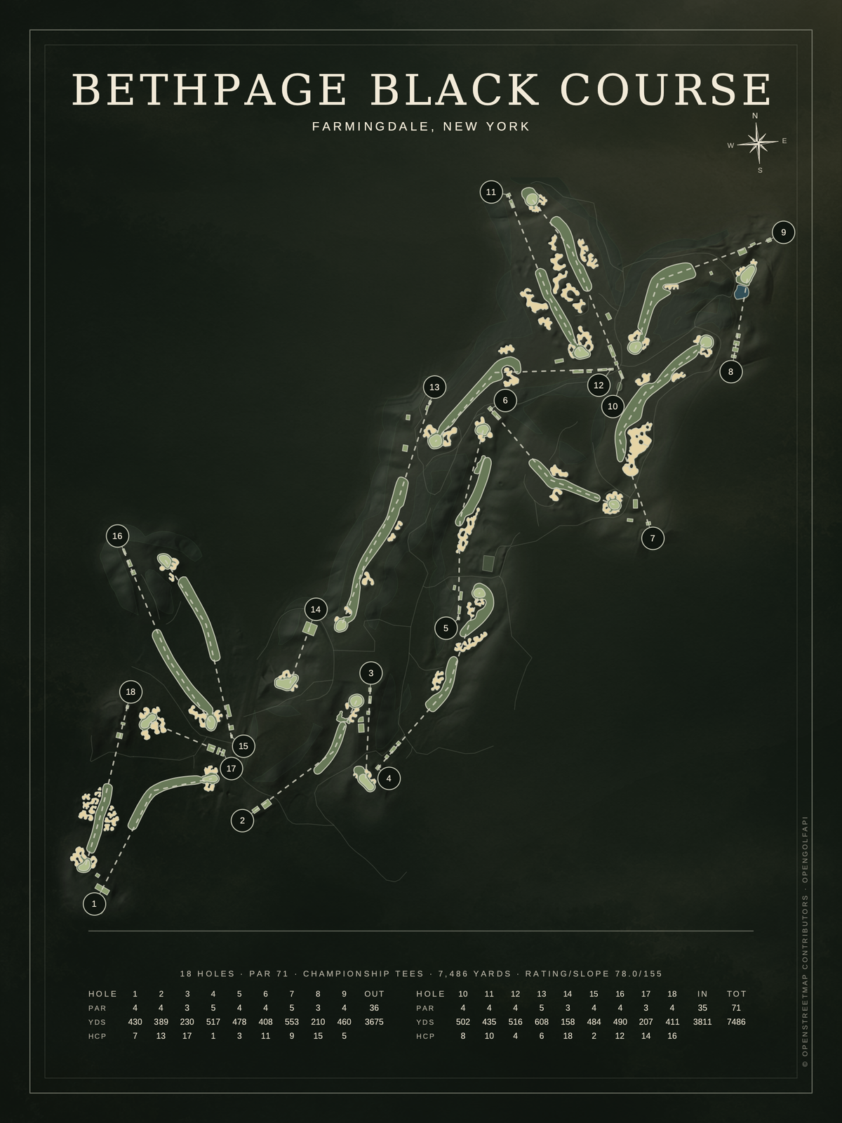 Bethpage Black Course map poster, Architectural style, 12×16 / 18×24