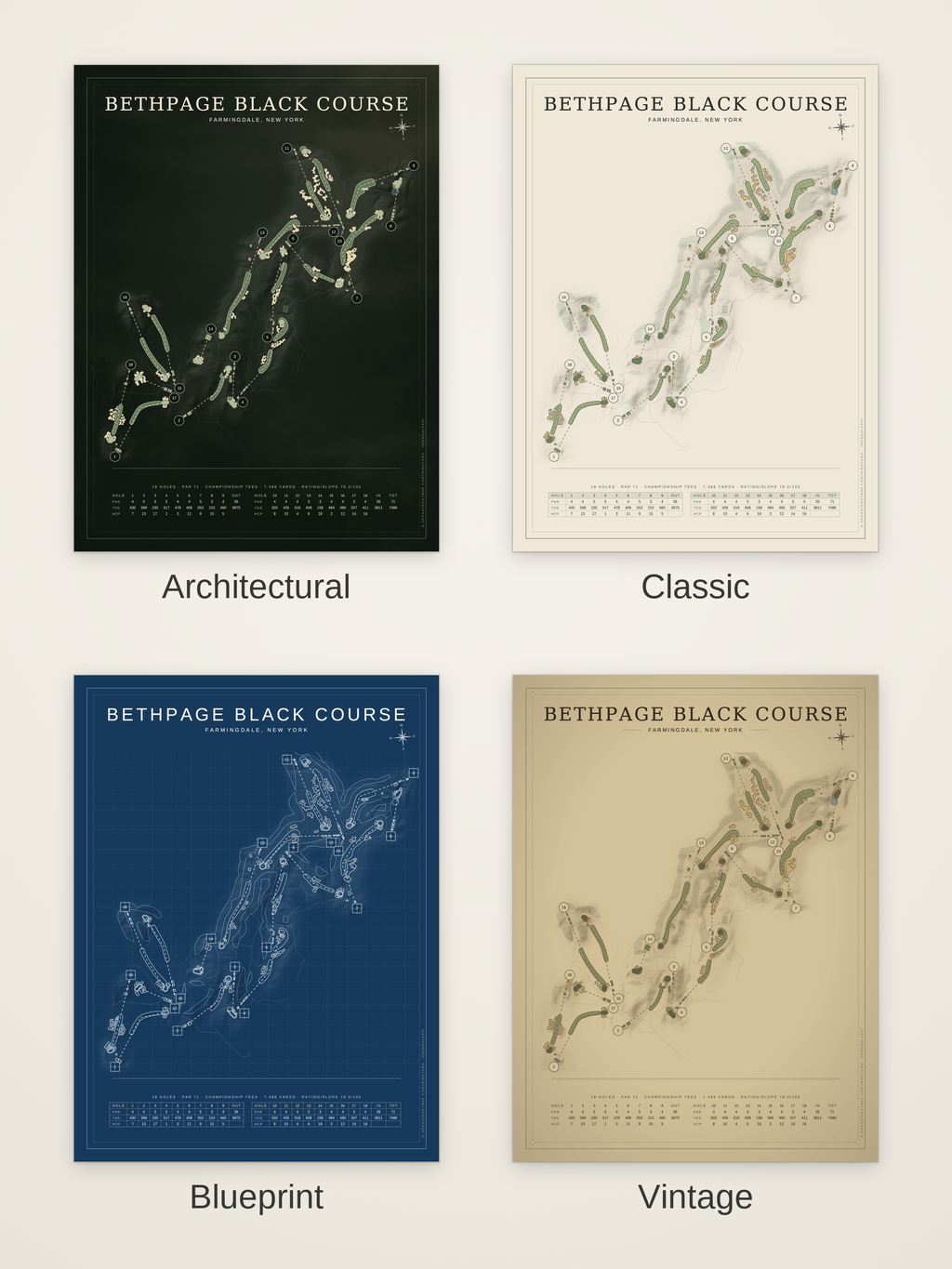 Bethpage Black Course map poster in four styles: Architectural, Classic, Blueprint and Vintage