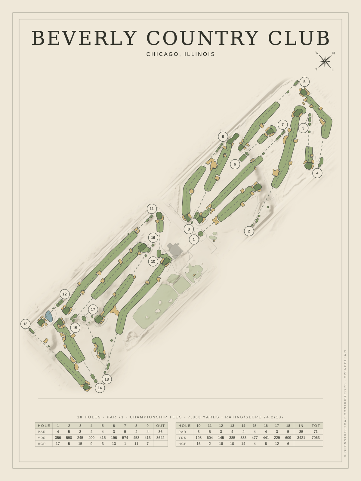 Beverly Country Club course map poster, Classic style, 12×16 / 18×24