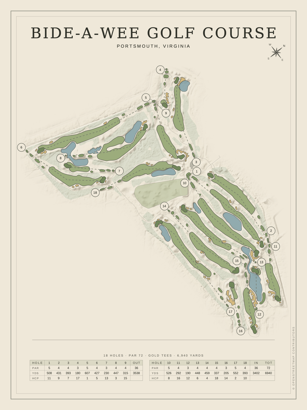 Bide-A-Wee Golf Course map poster, Classic style, 12×16 / 18×24