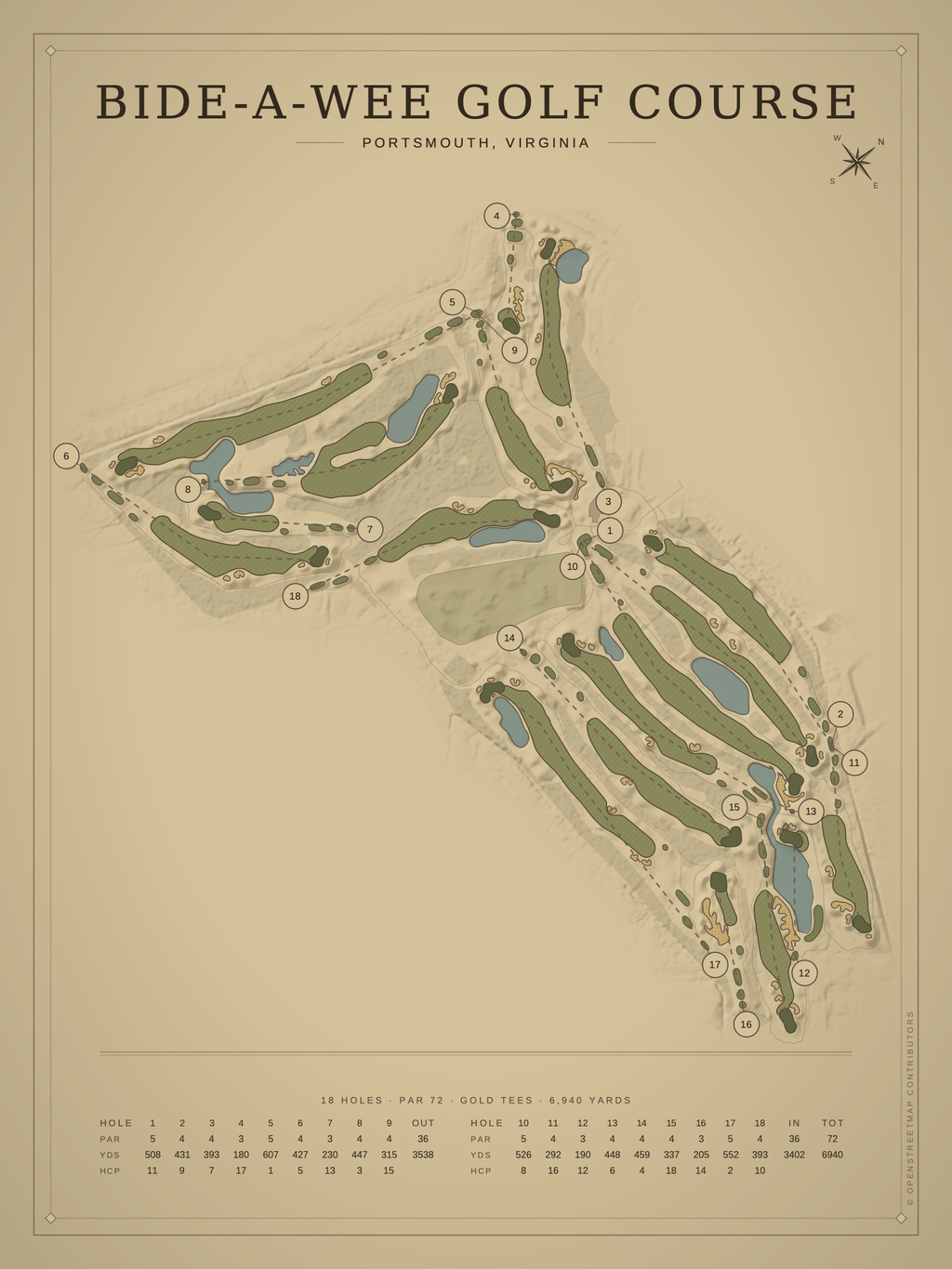 Bide-A-Wee Golf Course map poster, Vintage style, 12×16 / 18×24