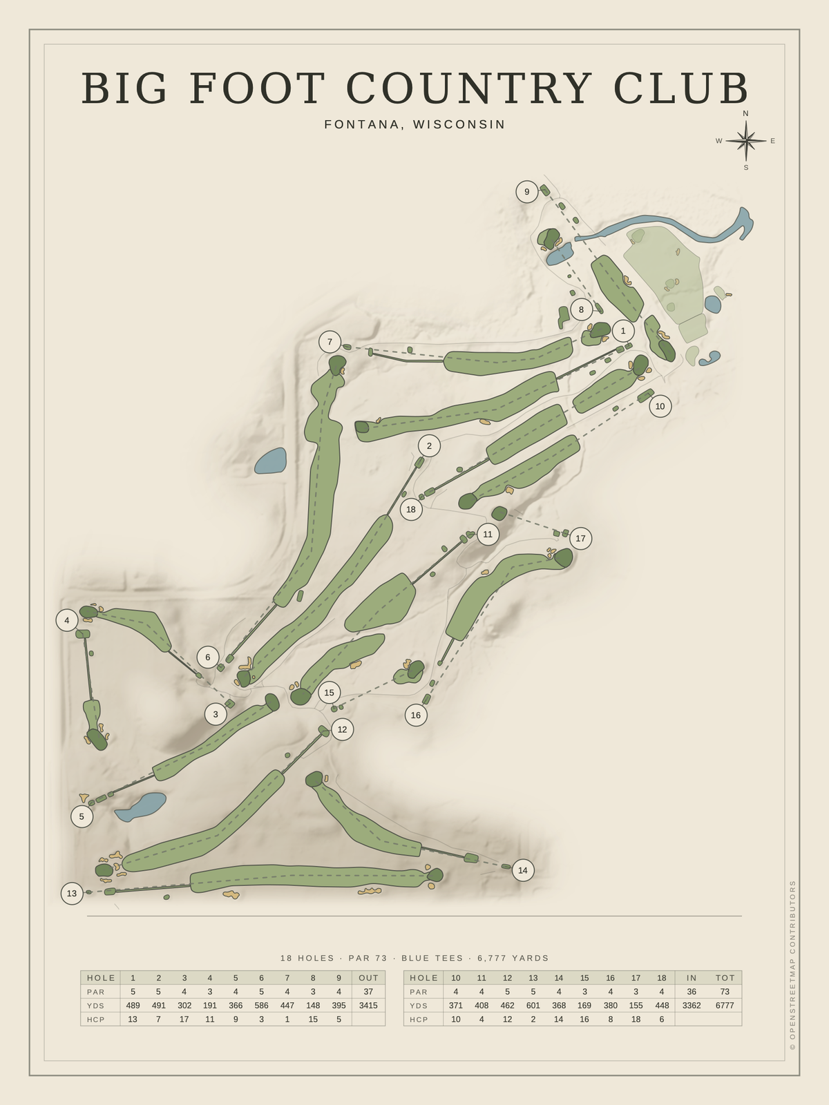 Big Foot Country Club course map poster, Classic style, 12×16 / 18×24