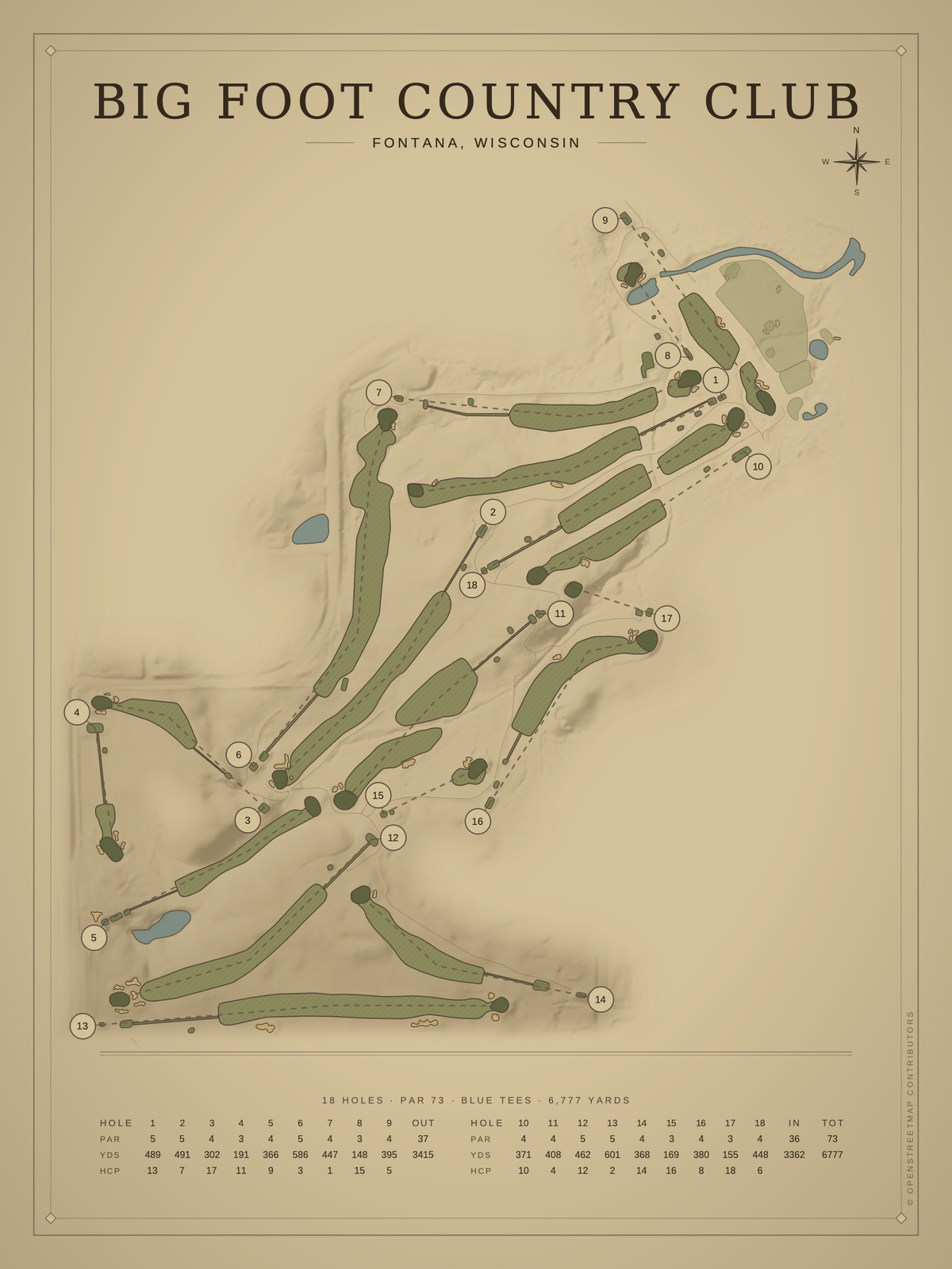 Big Foot Country Club course map poster, Vintage style, 12×16 / 18×24