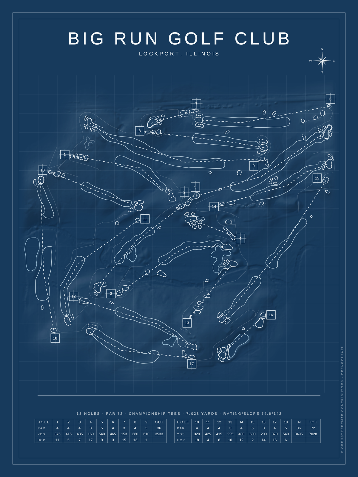 Big Run Golf Club course map poster, Blueprint style, 12×16 / 18×24