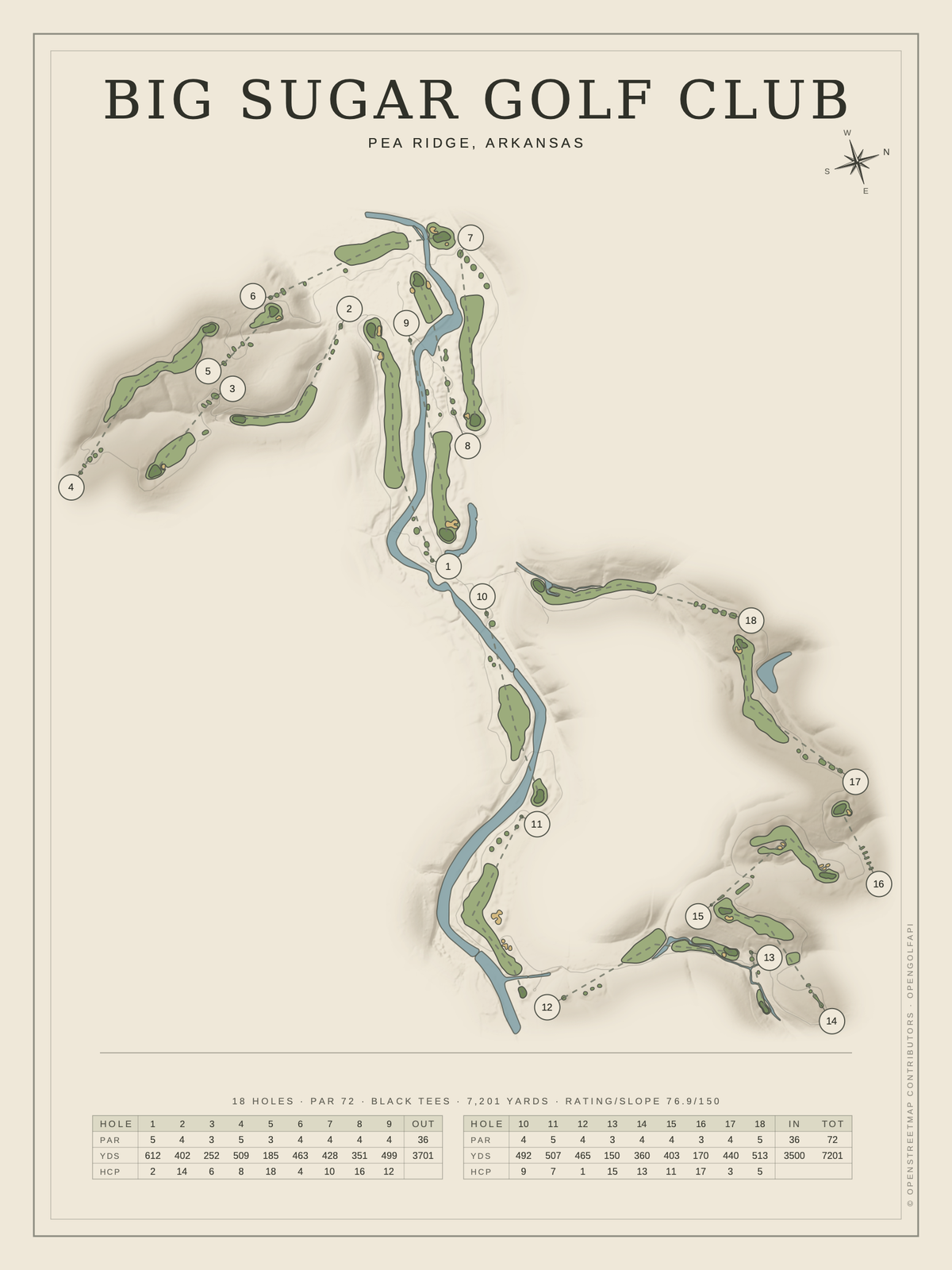 Big Sugar Golf Club course map poster, Classic style, 12×16 / 18×24