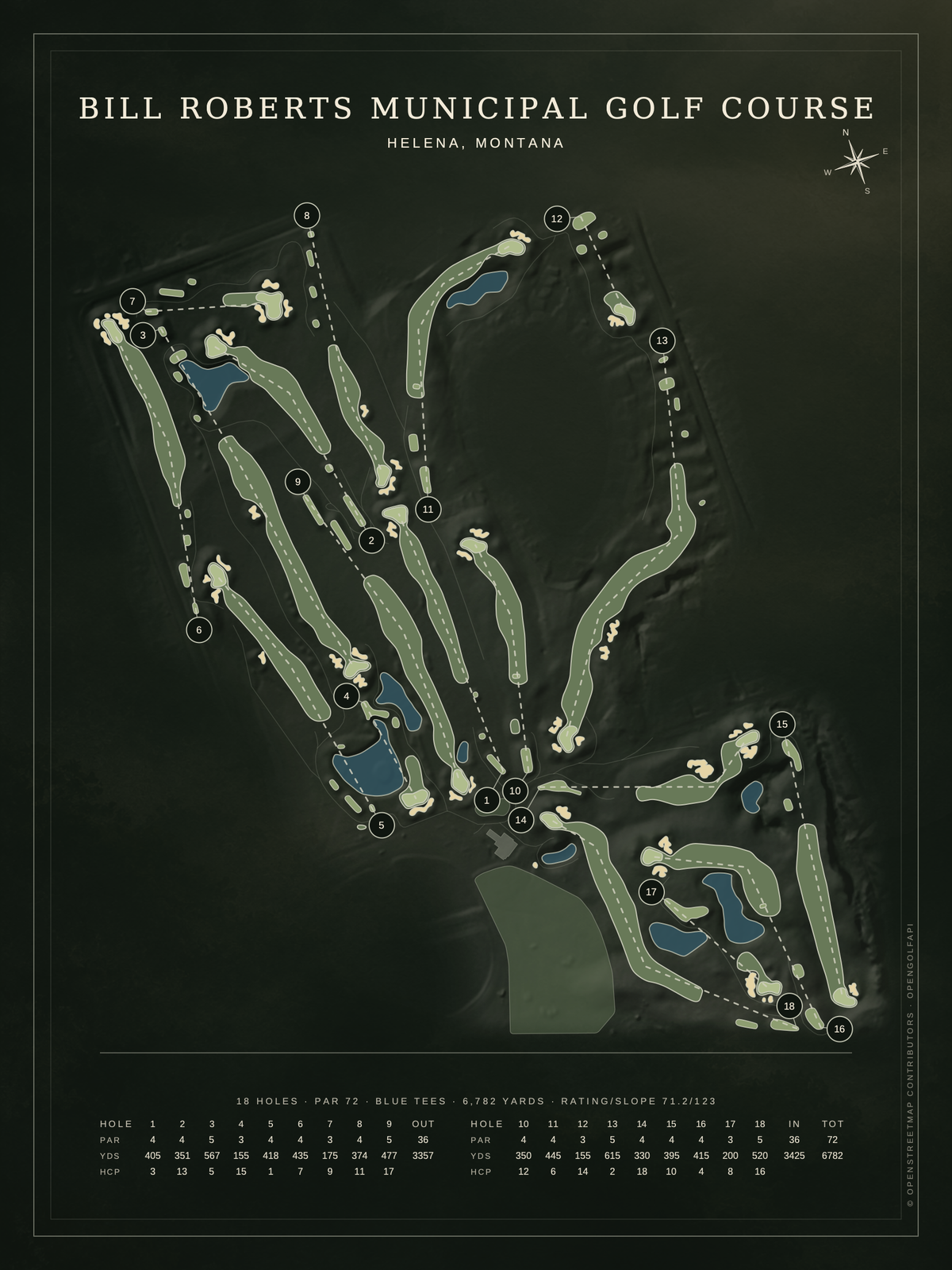 Bill Roberts Municipal Golf Course map poster, Architectural style, 12×16 / 18×24