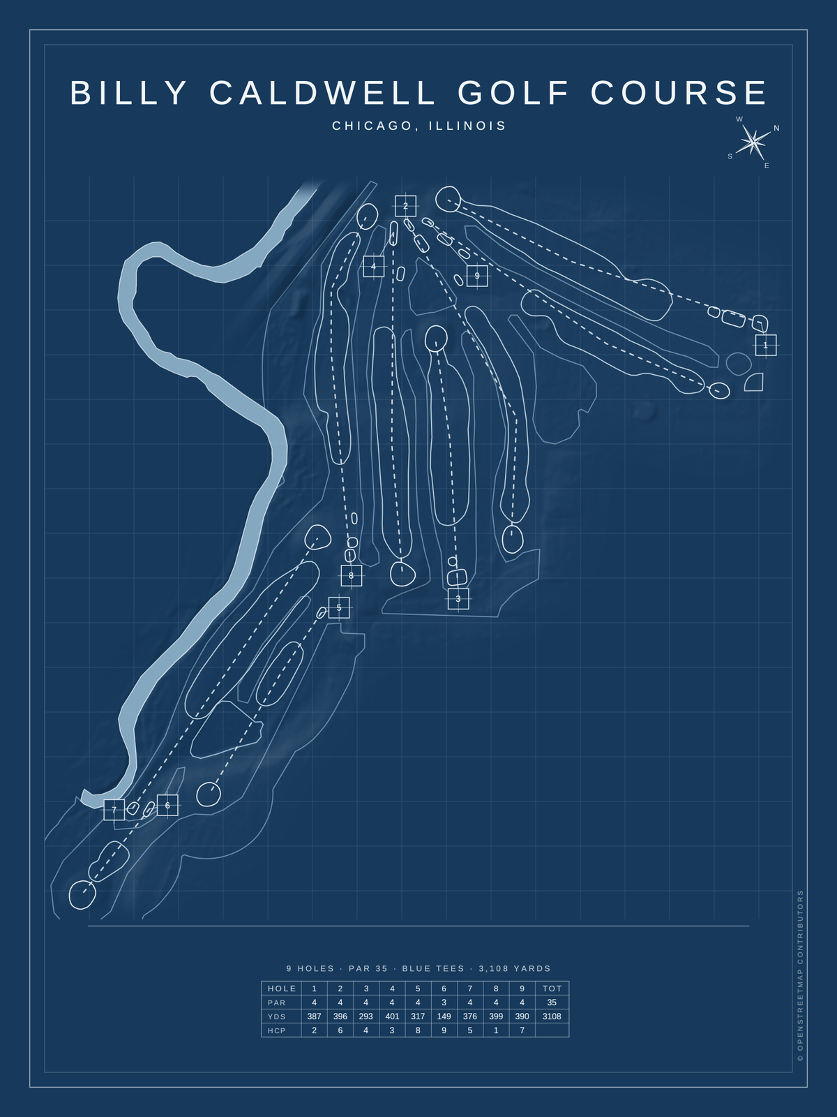 Billy Caldwell Golf Course map poster, Blueprint style, 12×16 / 18×24
