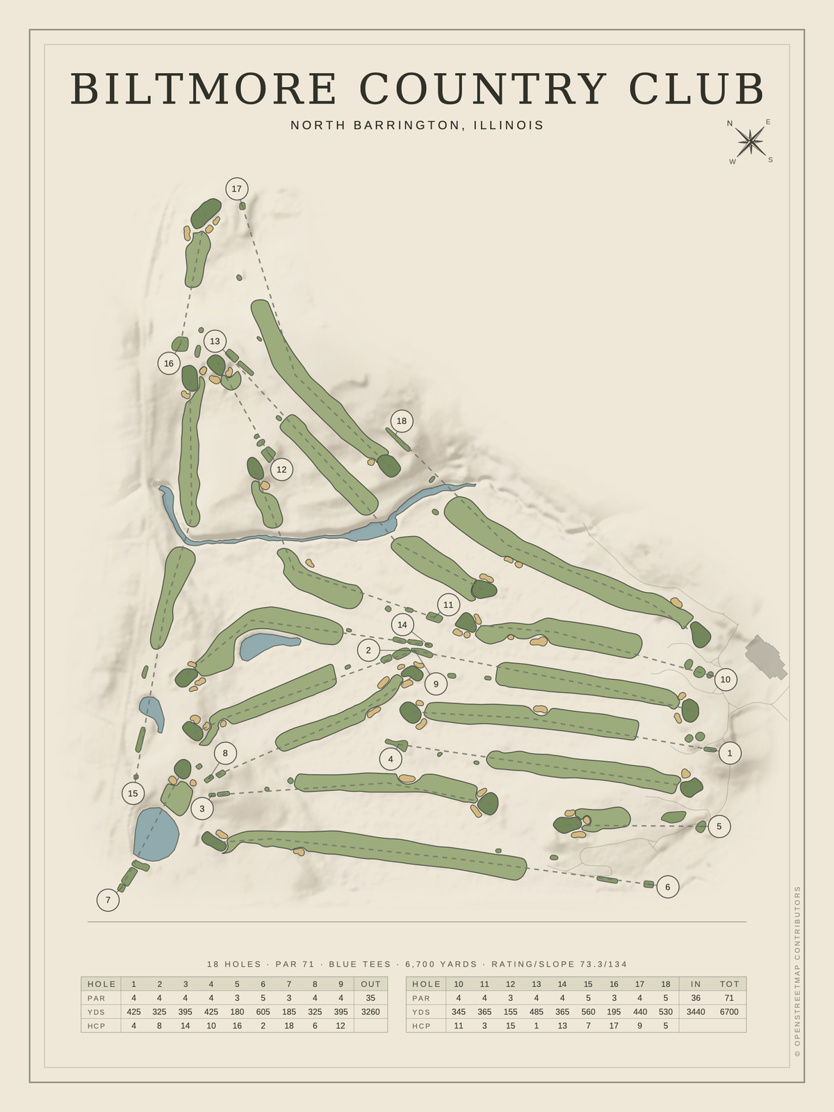 Biltmore Country Club course map poster, Classic style, 12×16 / 18×24