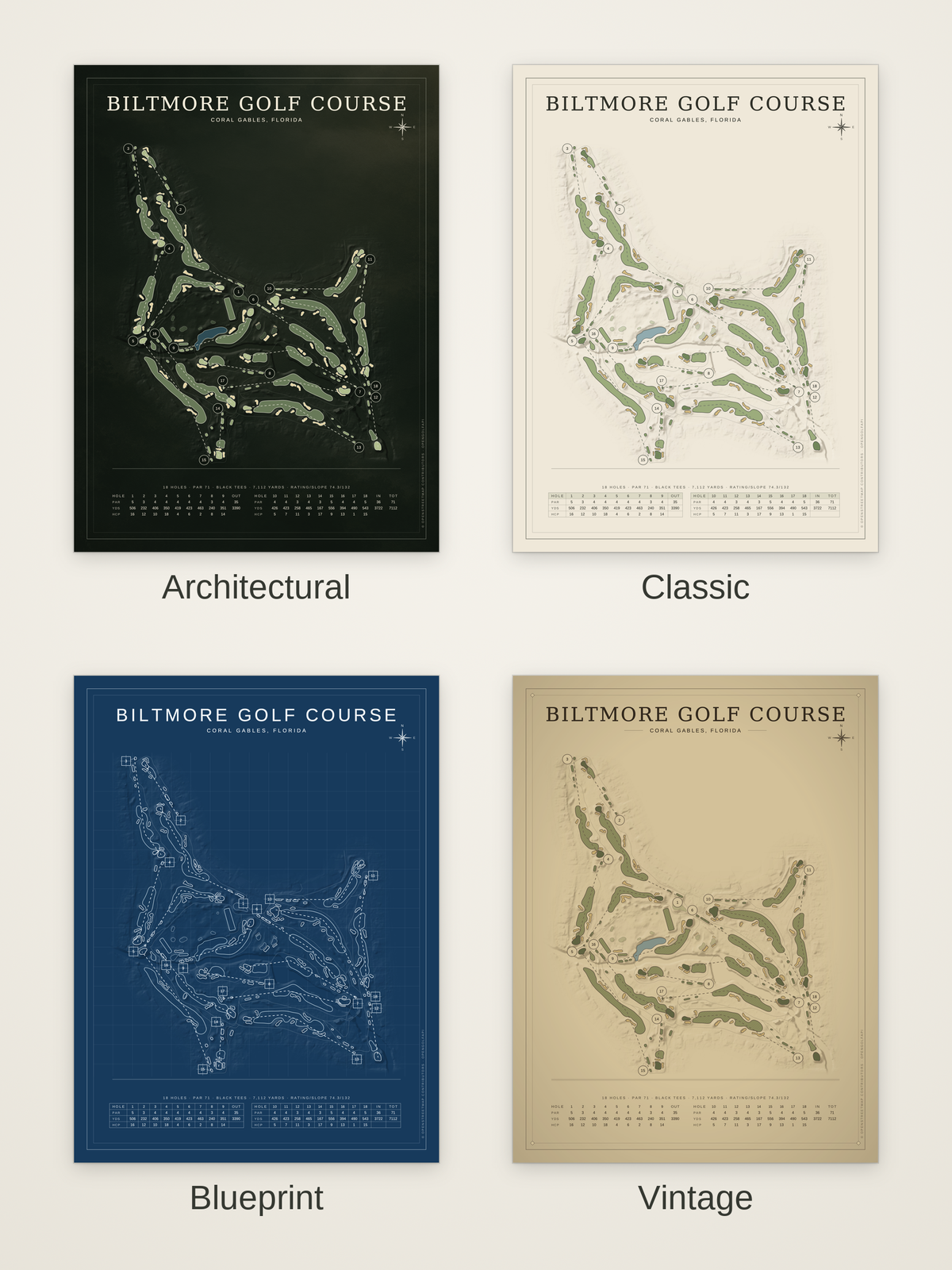 Biltmore Golf Course map poster in four styles: Architectural, Classic, Blueprint and Vintage