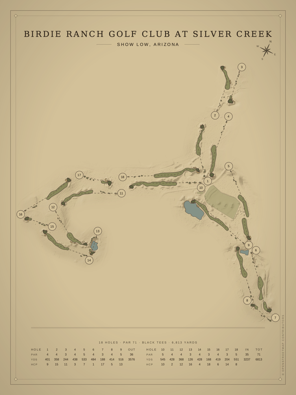 Birdie Ranch Golf Club at Silver Creek course map poster, Vintage style, 12×16 / 18×24