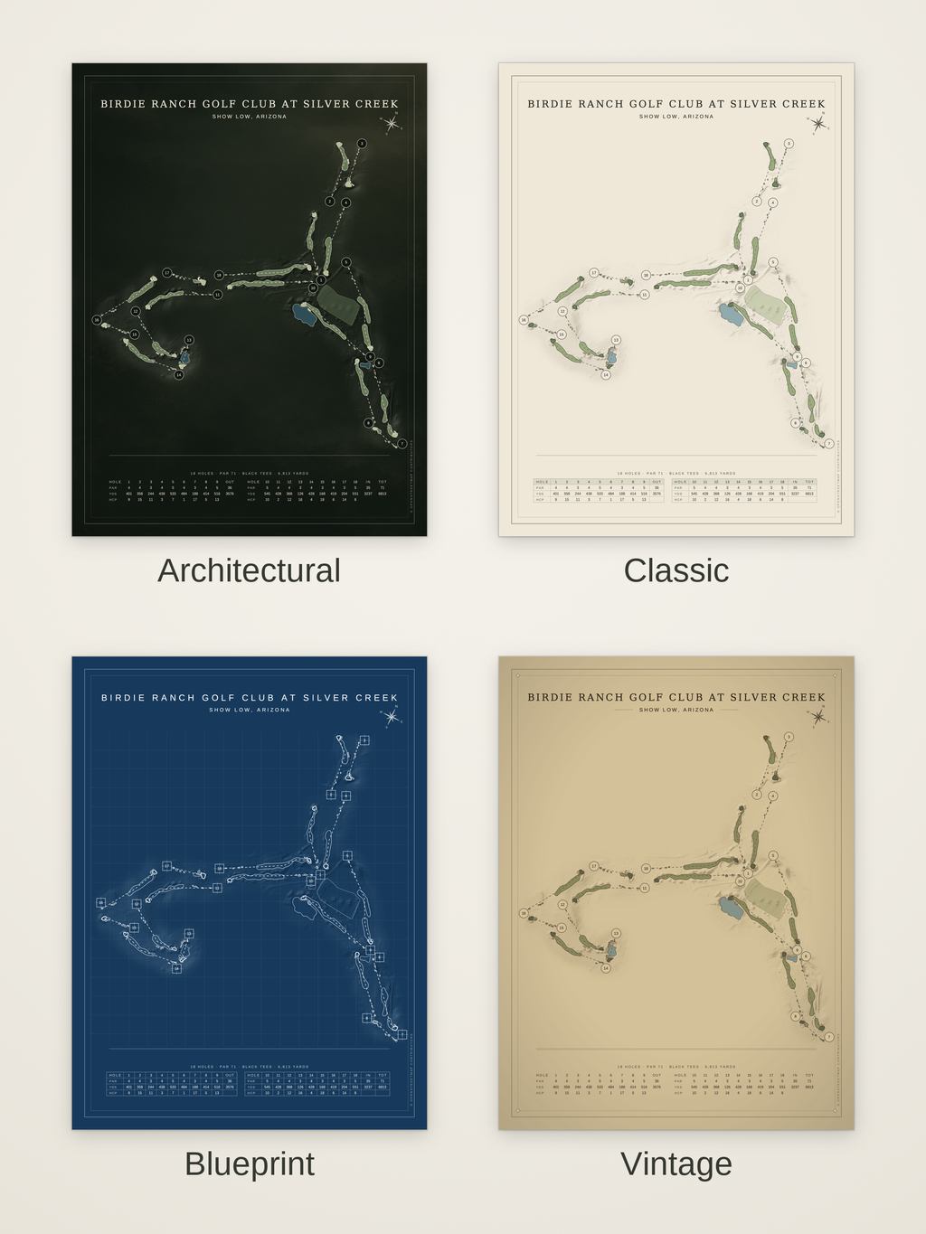 Birdie Ranch Golf Club at Silver Creek course map poster in four styles: Architectural, Classic, Blueprint and Vintage