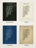 Birdsfoot course map poster in four styles: Architectural, Classic, Blueprint and Vintage