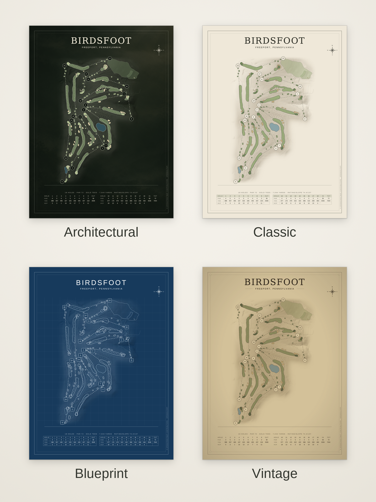 Birdsfoot course map poster in four styles: Architectural, Classic, Blueprint and Vintage