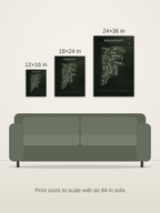 Birdsfoot course map poster in the Architectural style at 12×16, 18×24 and 24×36 inches, shown to scale on a wall above an 84-inch sofa