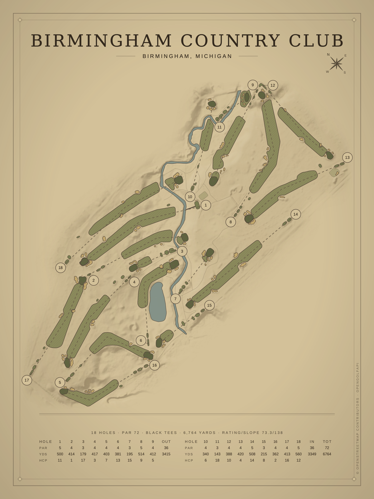 Birmingham Country Club course map poster, Vintage style, 12×16 / 18×24