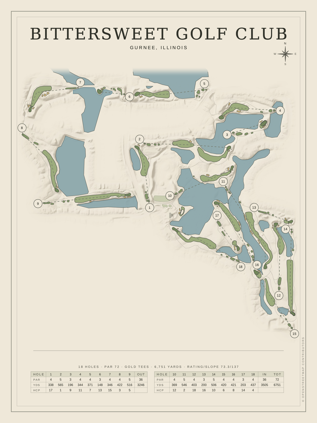 Bittersweet Golf Club course map poster, Classic style, 12×16 / 18×24