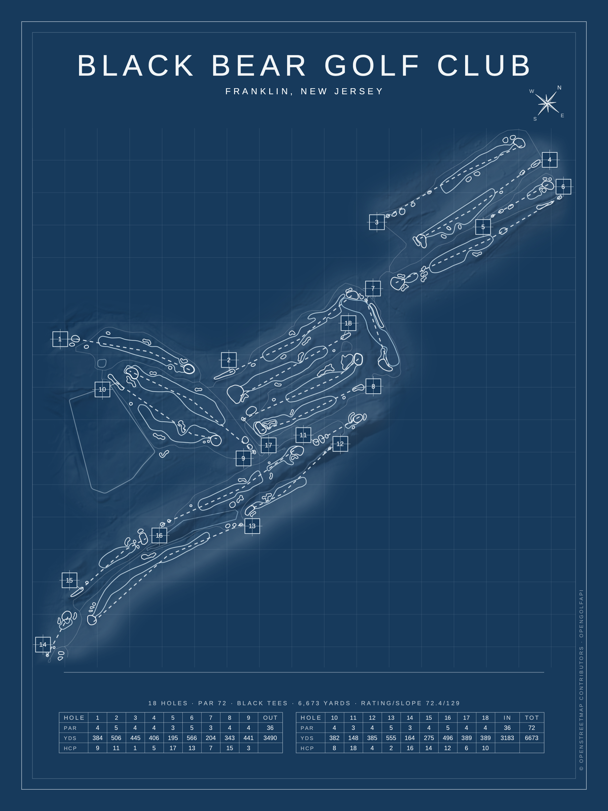 Black Bear Golf Club (Franklin) course map poster, Blueprint style, 12×16 / 18×24