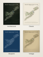 Black Bear Golf Club (Franklin) course map poster in four styles: Architectural, Classic, Blueprint and Vintage