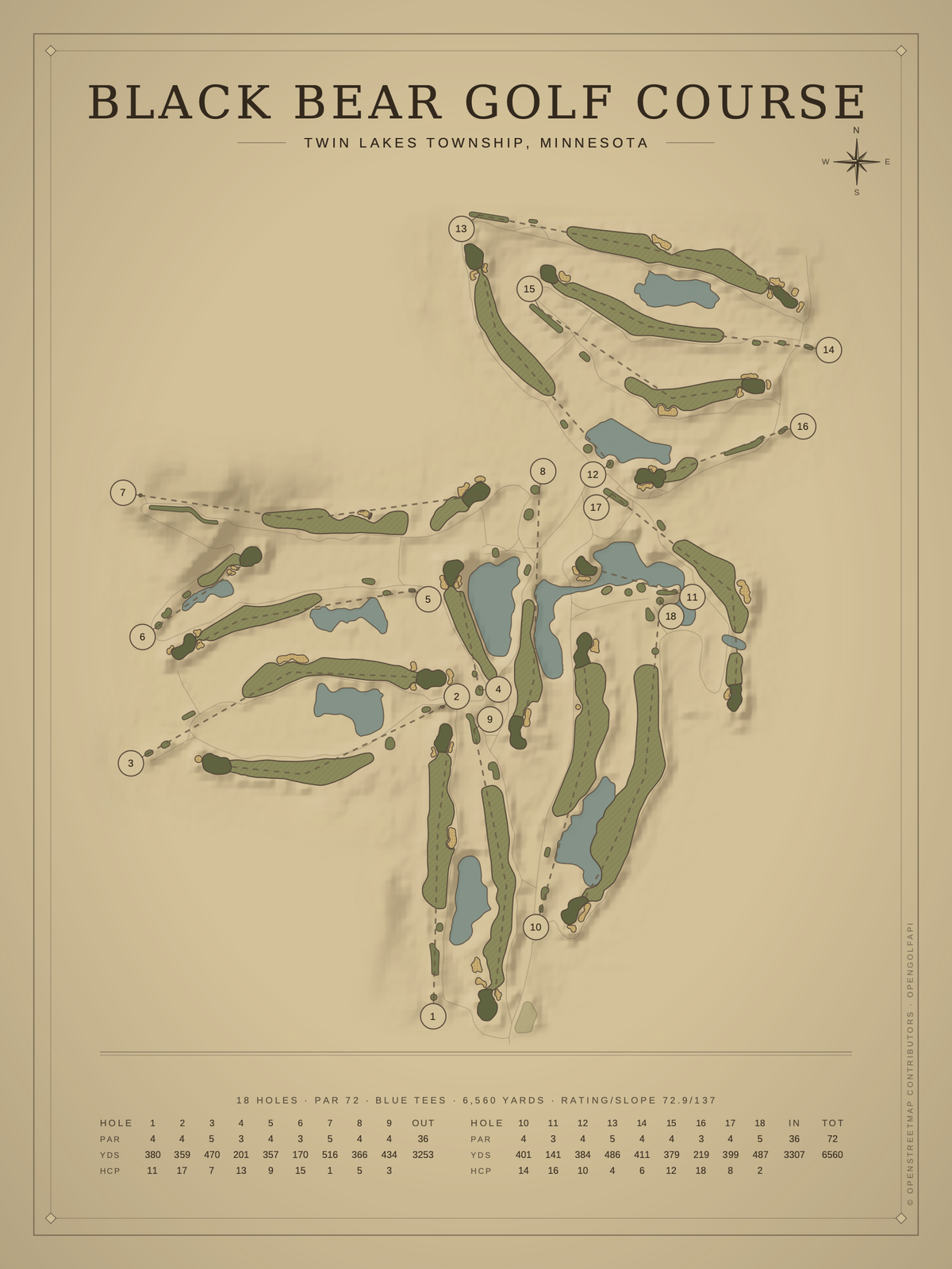 Black Bear Golf Course map poster, Vintage style, 12×16 / 18×24
