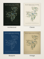 Black Bear Golf Course map poster in four styles: Architectural, Classic, Blueprint and Vintage