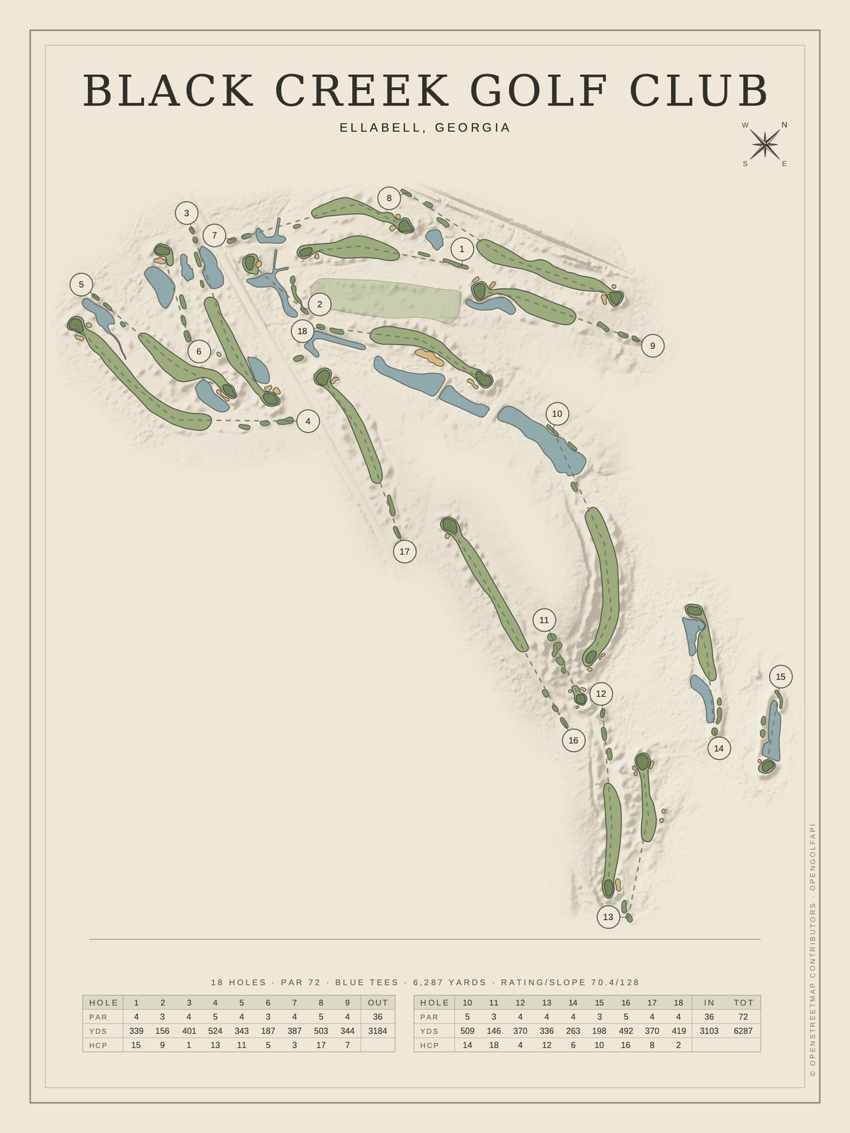 Black Creek Golf Club course map poster, Classic style, 12×16 / 18×24